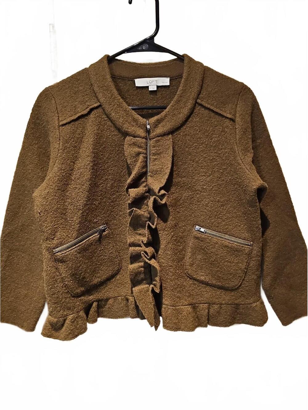 LOFT Cardigan Jacket Womens M Olive Green 100% Merino Wool Brown Ruffle Boxy Fit